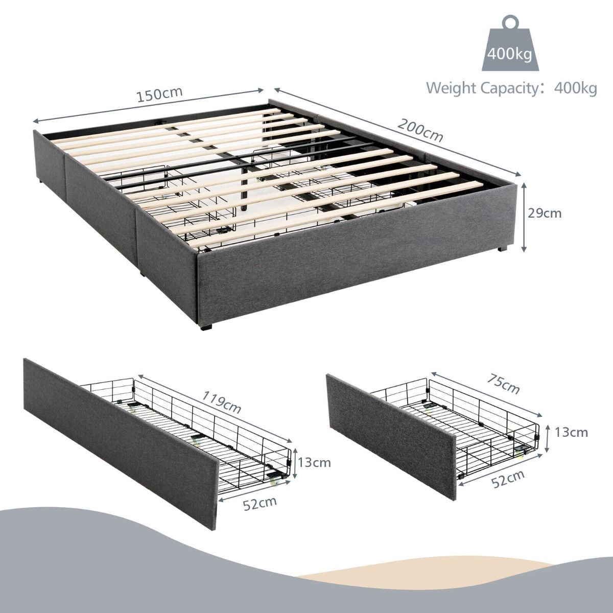 King Size Bed Frame with 3 Underbed Storage Drawers